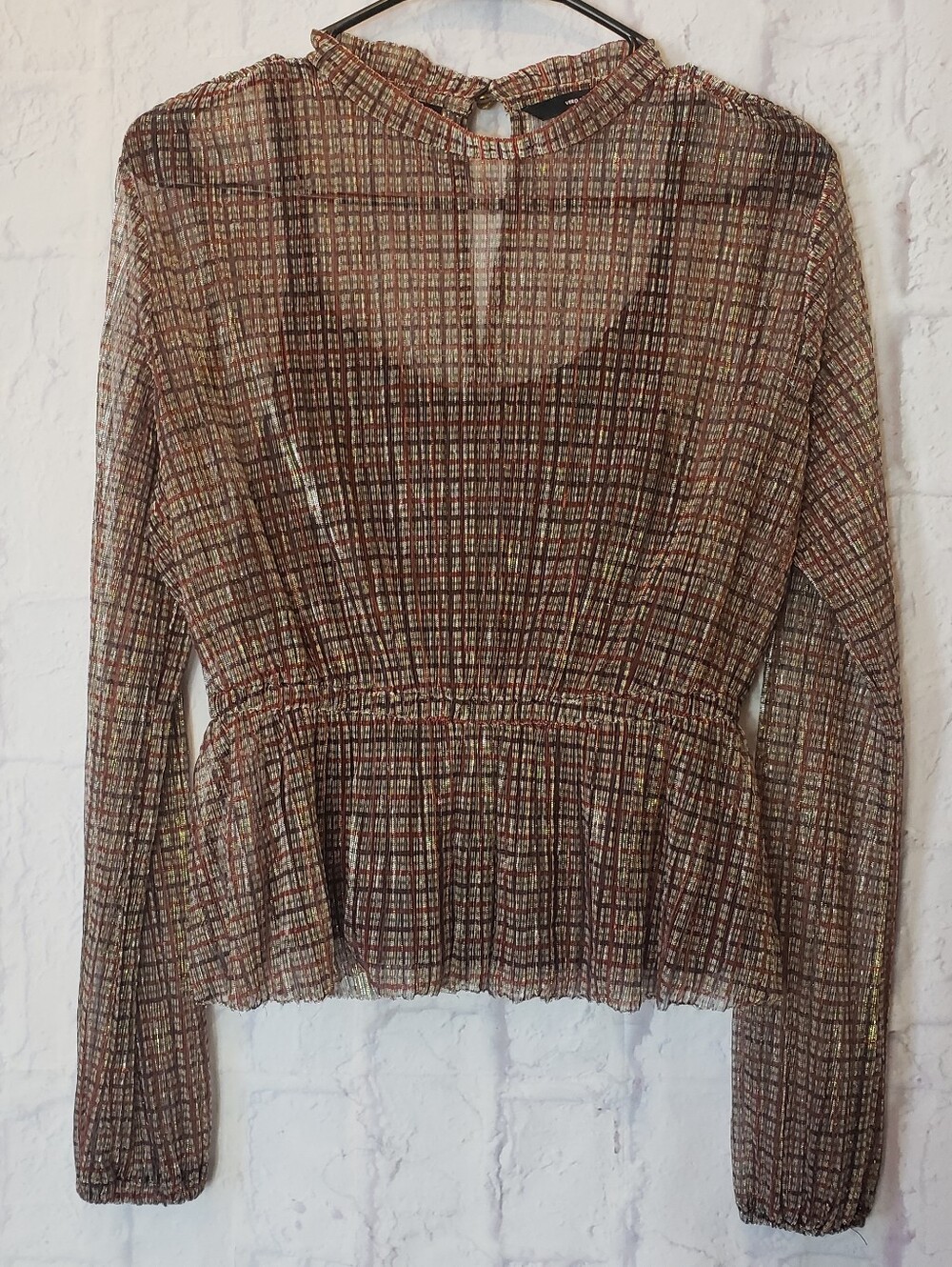 VERO MODA Alexandra Peplum Blouse Sheer Metallic Plaid Attached Cami XS